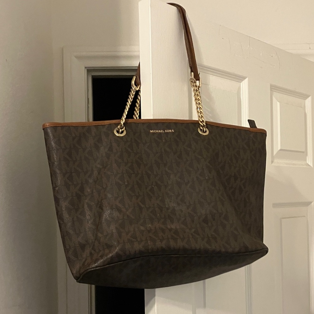 Michael Kors Dark Brown Signature Monogram Tote Bag Large